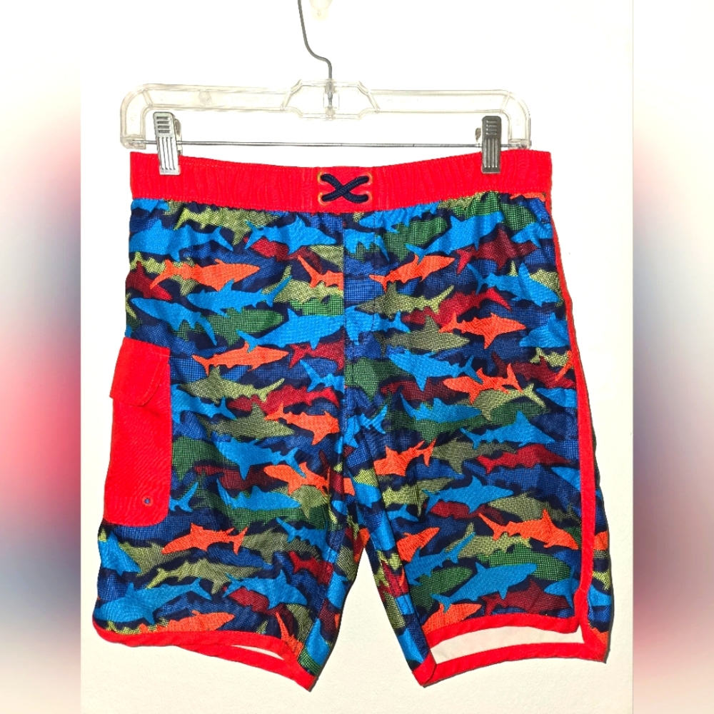 Lands End Polyester Mesh Lined Boys Swim Trunks Shorts Size Large 10/12 Sharks